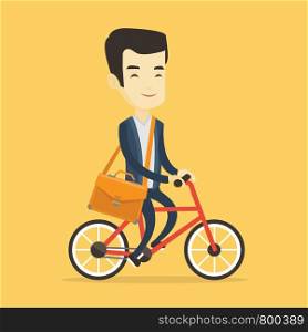Young asian business man riding a bicycle. Man in business suit riding a bicycle. Business man riding to work on a bicycle. Healthy lifestyle concept. Vector flat design illustration. Square layout.. Man riding bicycle vector illustration.