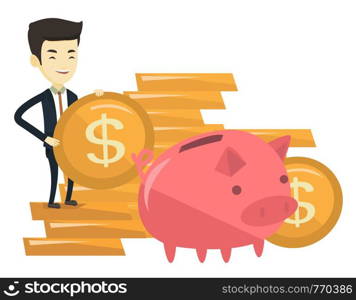 Young asian business man saving money in piggy bank. Successful business man putting money in big pink piggy bank. Concept of saving money. Vector flat design illustration isolated on white background. Business man putting coin in piggy bank.