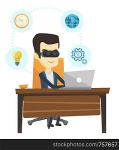 Young asian business man wearing virtual reality headset and working on a computer. Business man using virtual reality device in office. Vector flat design illustration isolated on white background.. Businessman in vr headset working on computer.