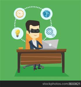 Young asian business man wearing virtual reality headset and working on a computer. Happy business man using virtual reality device in the office. Vector flat design illustration. Square layout.. Businessman in vr headset working on computer.