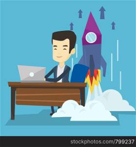 Young asian business man working on a laptop on business start up and business start up rocket taking off behind him. Business start up concept. Vector flat design illustration. Square layout.. Business start up vector illustration.