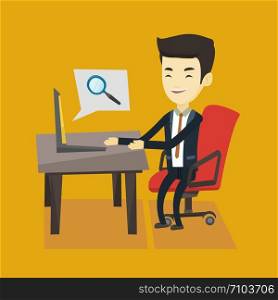 Young asian business man working on his laptop in office and searching information on internet. Concept of internet search and job search. Vector flat design illustration. Square layout.. Business man searching information on internet.