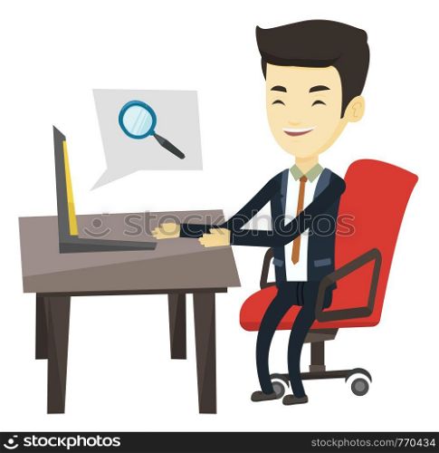 Young asian business man working on his laptop in office and searching information on internet. Concept of internet search and job search. Vector flat design illustration isolated on white background.. Business man searching information on internet.