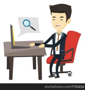 Young asian business man working on his laptop in office and searching information on internet. Concept of internet search and job search. Vector flat design illustration isolated on white background.. Business man searching information on internet.