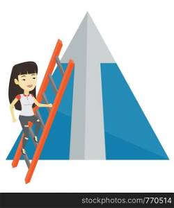 Young asian business woman climbing the ladder on mountain with arrow going up. Business woman climbing upward on the top of mountain. Vector flat design illustration isolated on white background.. Business woman climbing on mountain.