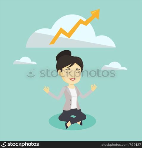 Young asian business woman doing yoga in lotus position and thinking about the growth graph. Peaceful business woman meditating in yoga lotus position. Vector flat design illustration. Square layout.. Peaceful business woman doing yoga.