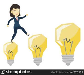 Young asian business woman jumping on idea light bulbs. Business woman hopping onto idea light bulbs. Concept of successful business idea. Vector flat design illustration isolated on white background.. Business woman jumping on light bulbs.