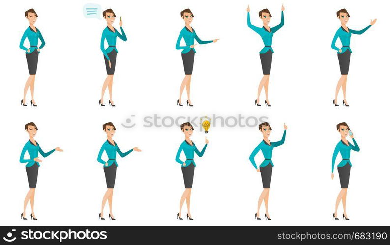 Young asian business woman showing a direction. Full length of business woman pointing at something and showing direction by hand. Set of vector flat design illustrations isolated on white background.. Vector set of illustrations with business people.