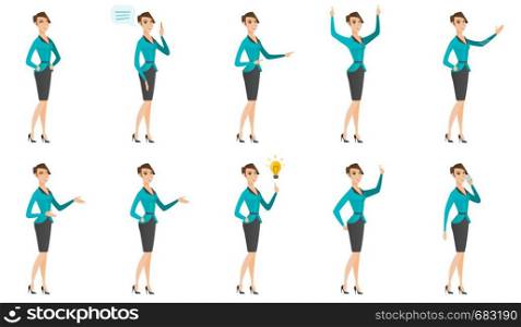 Young asian business woman showing a direction. Full length of business woman pointing at something and showing direction by hand. Set of vector flat design illustrations isolated on white background.. Vector set of illustrations with business people.