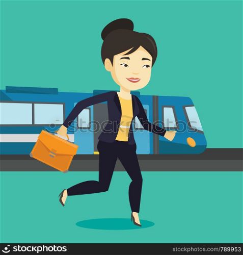 Young asian business woman walking on the train platform. Smiling business woman going out of train. Happy business woman walking on the train station. Vector flat design illustration. Square layout.. Businesswoman at train station vector illustration
