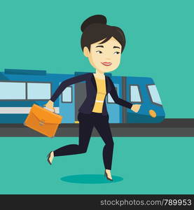 Young asian business woman walking on the train platform. Smiling business woman going out of train. Happy business woman walking on the train station. Vector flat design illustration. Square layout.. Businesswoman at train station vector illustration