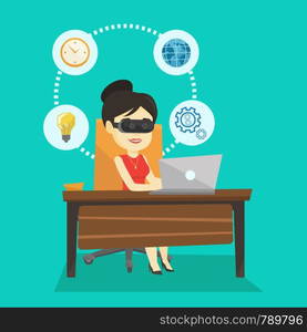 Young asian business woman wearing virtual reality headset and working on computer. Happy business woman using virtual reality device in the office. Vector flat design illustration. Square layout.. Business woman in vr headset working on computer.