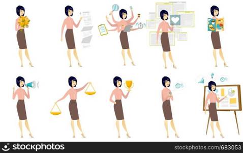 Young asian business woman with business award. Cheerful businesswoman celebrating her business award. Business award concept. Set of vector flat design illustrations isolated on white background.. Vector set of illustrations with business people.
