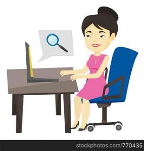 Young asian business woman working on a laptop in office and searching information on internet. Concept of internet search and job search. Vector flat design illustration isolated on white background.. Business woman searching information on internet.