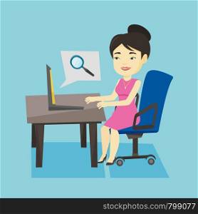Young asian business woman working on her laptop in office and searching information on internet. Concept of internet search and job search. Vector flat design illustration. Square layout.. Business woman searching information on internet.