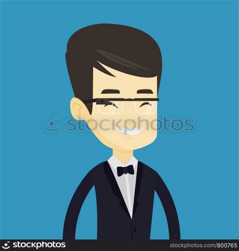 Young asian businessman in wearable computer. Businessman wearing wearable computer with an optical head-mounted display. Man using wearable computer. Vector flat design illustration. Square layout.. Man wearing smart glass vector illustration.
