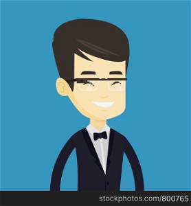 Young asian businessman in wearable computer. Businessman wearing wearable computer with an optical head-mounted display. Man using wearable computer. Vector flat design illustration. Square layout.. Man wearing smart glass vector illustration.