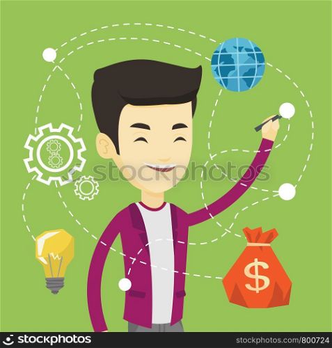 Young asian businessman writing on a virtual screen. Cheerful businessman drawing a cloud computing diagram on a virtual screen. Cloud computing concept. Vector flat design illustration. Square layout. Man writing cloud computing on virtual screen.
