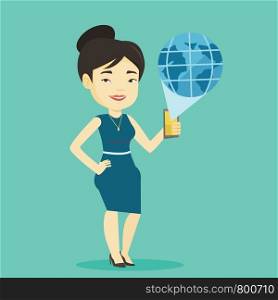 Young asian businesswoman holding a smartphone with a model of planet earth coming out of the device. International technology communication concept. Vector flat design illustration. Square layout.. International technology communication.