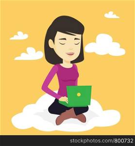 Young asian businesswoman sitting on a cloud with laptop. Woman using cloud computing technology. Woman working on computer. Concept of cloud computing . Vector flat design illustration. Square layout. Woman using cloud computing technology.