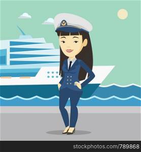 Young asian captain on the background of sea and cruise ship. Smiling ship captain in uniform on seacoast background. Ship captain standing at the port. Vector flat design illustration. Square layout.. Smiling ship captain in uniform at the port.
