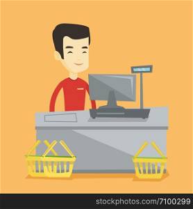 Young asian cashier standing at the checkout in supermarket. Cashier working at checkout in a supermarket. Cashier standing near the cash register. Vector flat design illustration. Square layout.. Cashier standing at the checkout in supermarket.
