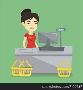 Young asian cashier standing at the checkout in supermarket. Cashier working at checkout in a supermarket. Cashier standing near the cash register. Vector flat design illustration. Square layout.. Cashier standing at the checkout in supermarket.