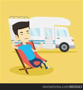 Young asian cheerful man sitting in folding chair and giving thumb up on the background of camper van. Smiling man enjoying her vacation in camper van. Vector flat design illustration. Square layout.. Man sitting in chair in front of camper van.