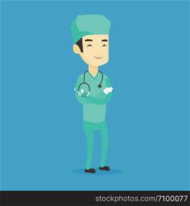 Young asian confident surgeon in medical uniform. Full length of surgeon standing with arms crossed. Happy surgeon with stethoscope on his neck. Vector flat design illustration. Square layout.. Young confident surgeon with arms crossed.