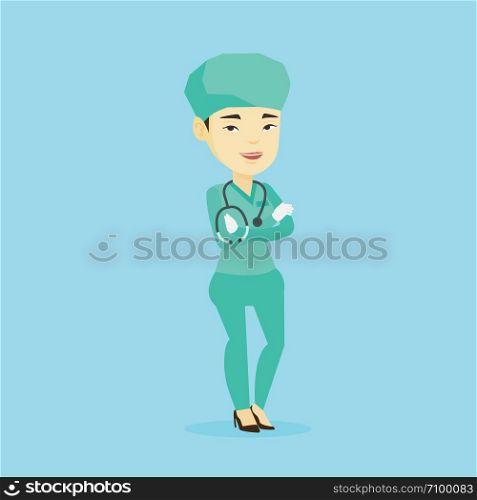 Young asian confident surgeon in medical uniform. Full length of surgeon standing with arms crossed. Happy female surgeon with stethoscope on her neck. Vector flat design illustration. Square layout.. Young confident surgeon with arms crossed.