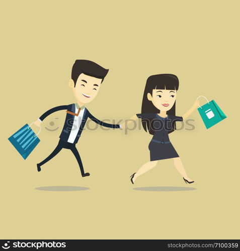 Young asian customers rushing to promotion and sale. People rushing on sale to the shop. Cheerful couple running in a hurry to the store on sale. Vector flat design illustration. Square layout.. People running in hurry to the store on sale.