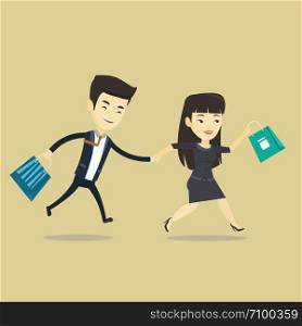 Young asian customers rushing to promotion and sale. People rushing on sale to the shop. Cheerful couple running in a hurry to the store on sale. Vector flat design illustration. Square layout.. People running in hurry to the store on sale.