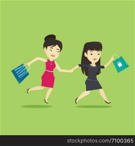 Young asian customers rushing to promotion and sale. People rushing on sale to the shop. Two cheerful women running in a hurry to the store on sale. Vector flat design illustration. Square layout.. People running in hurry to the store on sale.