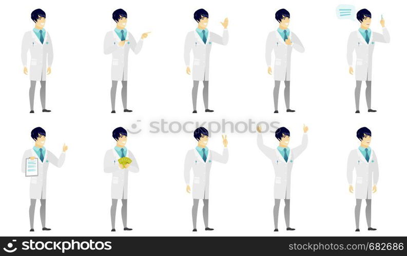 Young asian doctor in medical gown pointing to the side. Doctor pointing his finger to the side. Doctor pointing to the right side. Set of vector flat design illustrations isolated on white background. Vector set of illustrations with doctor characters