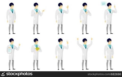 Young asian doctor in medical gown pointing to the side. Doctor pointing his finger to the side. Doctor pointing to the right side. Set of vector flat design illustrations isolated on white background. Vector set of illustrations with doctor characters