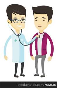 Young asian doctor listening to chest of patient with stethoscope. Sick patient visiting doctor. Doctor examining chest of a patient. Vector flat design illustration isolated on white background.. Doctor listening to chest of patient.