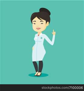 Young asian doctor with finger up. Cheerful doctor in medical gown showing finger up. Woman in doctor uniform pointing finger up. Vector flat design illustration. Square layout.. Doctor showing finger up vector illustration.