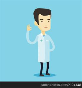 Young asian doctor with ok sign gesture. Happy doctor in medical gown showing ok sign. Smiling doctor gesturing ok sign. Vector flat design illustration. Square layout.. Doctor showing ok sign vector illustration.