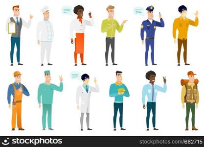 Young asian doctor with speech bubble. Doctor giving a speech on conference. Doctor with speech bubble coming out of his head. Set of vector flat design illustrations isolated on white background.. Vector set of professions characters.