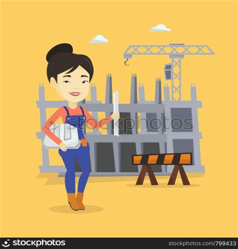 Young asian engineer standing with blueprint at construction site. Engineer holding hard hat and twisted blueprint. Engineer checking construction works. Vector flat design illustration. Square layout. Engineer with hard hat and blueprint.