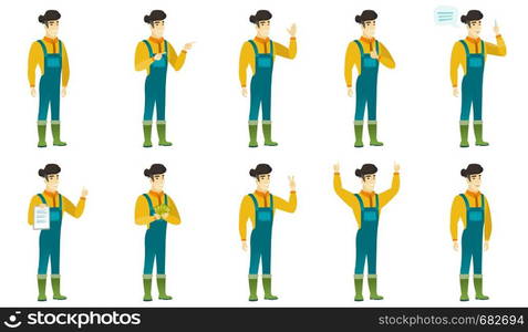 Young asian farmer in coveralls waving his hand. Full length of farmer waving hand. Farmer making greeting gesture - waving hand. Set of vector flat design illustrations isolated on white background.. Vector set of illustrations with farmer characters