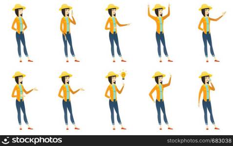 Young asian farmer in summer hat laughing. Farmer laughing with hands on stomach. Farmer laughing with closed eyes and open mouth. Set of vector flat design illustrations isolated on white background.. Vector set of illustrations with farmer characters