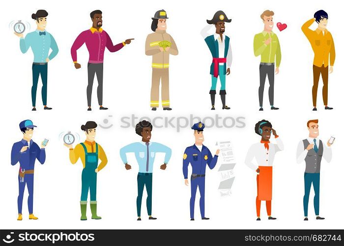 Young asian farmer showing ringing alarm clock. Full length of smiling farmer with alarm clock. Happy farmer holding alarm clock. Set of vector flat design illustrations isolated on white background.. Vector set of professions characters.