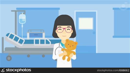 Young asian female pediatrician doctor holding a teddy bear. Professional pediatrician doctor with a teddy bear in the hospital room. Vector flat design illustration. Horizontal layout.. Pediatrician doctor holding teddy bear.