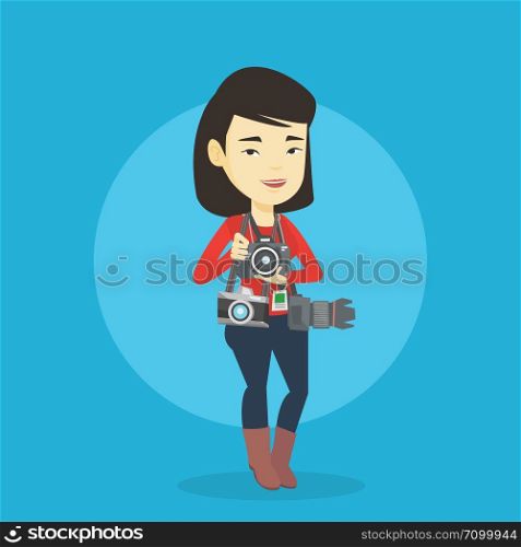Young asian female photographer with many photo cameras equipment. Cheerful paparazzi with many cameras. Professional journalist with many cameras. Vector flat design illustration. Square layout.. Photographer taking photo vector illustration.