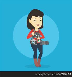 Young asian female photographer with many photo cameras equipment. Cheerful paparazzi with many cameras. Professional journalist with many cameras. Vector flat design illustration. Square layout.. Photographer taking photo vector illustration.
