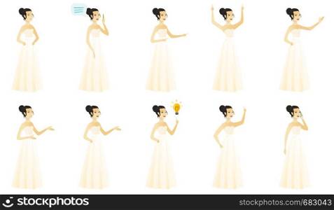 Young asian fiancee in a white dress laughing. Fiancee laughing with hands on her stomach. Happy fiancee laughing with closed eyes. Set of vector flat design illustrations isolated on white background. Vector set of illustrations with bride character.