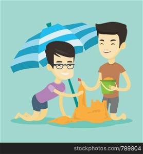Young asian friends making sand castle on the beach under beach umbrella. Smiling friends building sandcastle. Tourism and beach holiday concept. Vector flat design illustration. Square layout.. Two friends building sandcastle on beach.