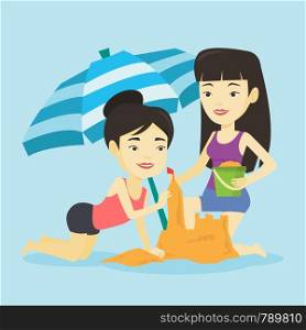 Young asian friends making sand castle on the beach under beach umbrella. Smiling friends building sandcastle. Tourism and beach holiday concept. Vector flat design illustration. Square layout.. Two friends building sandcastle on beach.