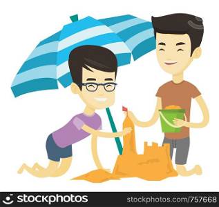 Young asian friends making sand castle on the beach under beach umbrella. Friends building sandcastle. Tourism and beach holiday concept. Vector flat design illustration isolated on white background.. Two friends building sandcastle on beach.